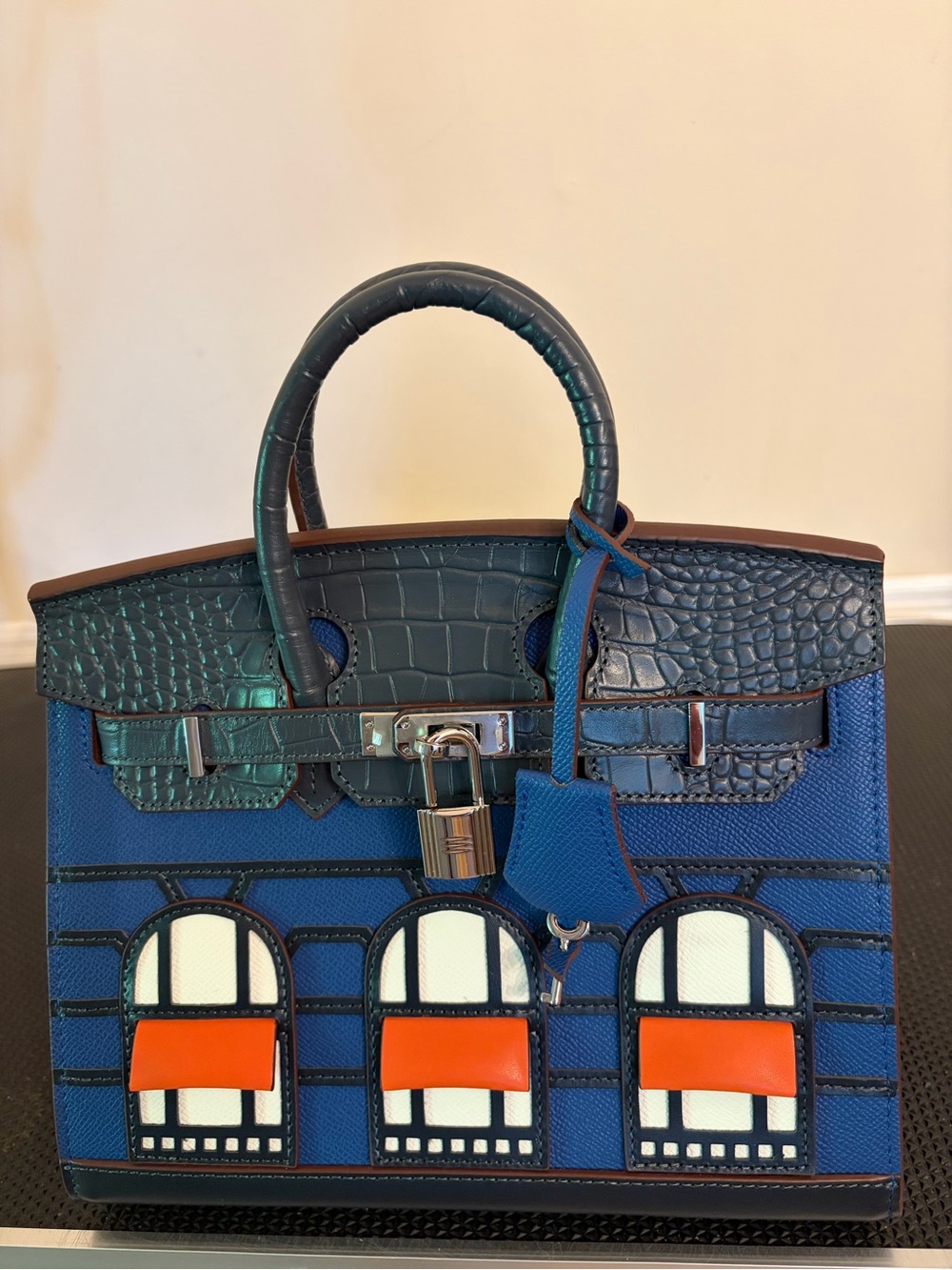 25cm Blue Real Leather Top-Handle Statement Tote with Orange Accents